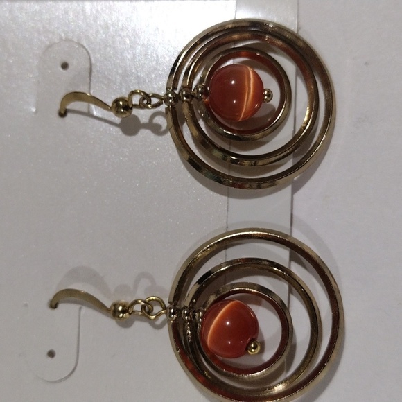 Gold Layered Circle Drop Earrings with Bead Center – Women's Artistic Statement - Picture 5 of 8
